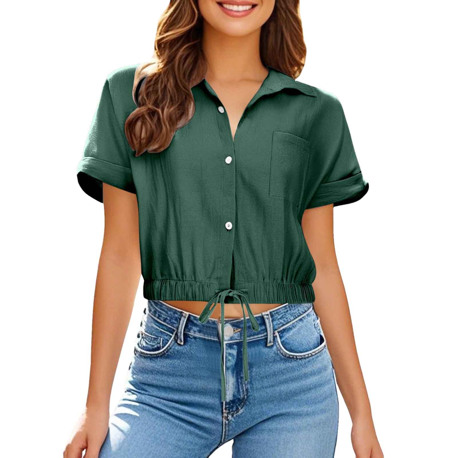 thumbnail image 1 of Camisa de manga corta con solapa y botones para mujer, top de playa con bolsillo, poliéster ligero, versátil para ocasiones informales y al aire libre, 1 of 3